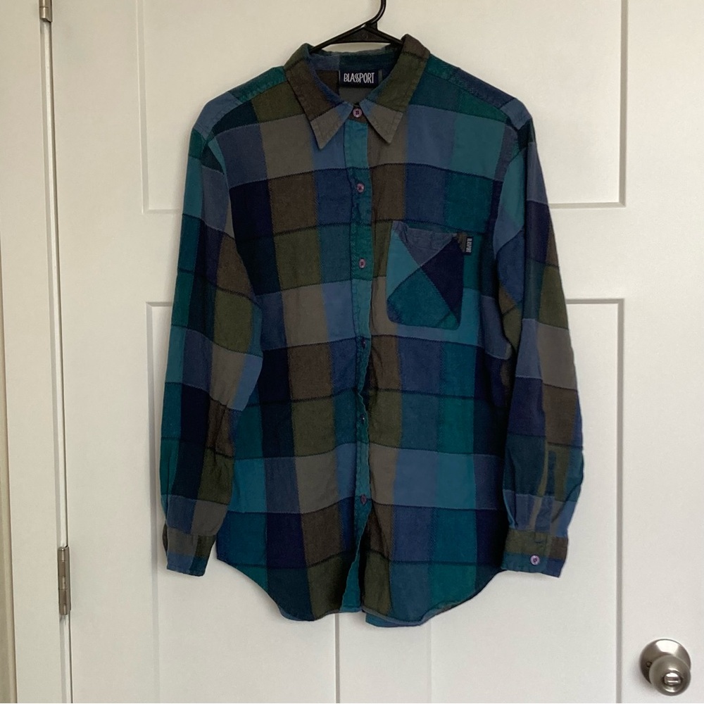 Blassport Women’s Blue and Green Plaid Shirt, Size L, Made in India.